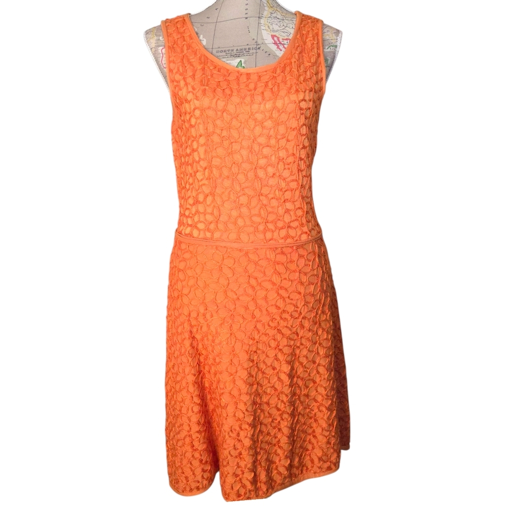 VINTAGE MSSP Max Studio Size Medium Rust Orange Textured 3D Floral Mini Dress